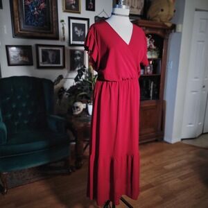 Bequemer Laden Maxi Dress Red Ruffle Sleeve Faux Wrap Tiered V-Neck XL Gown